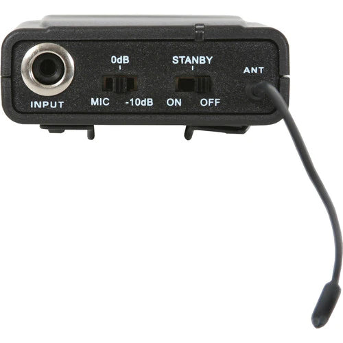 Galaxy Audio MBP38N BODY PACK TRANSMITTER:  UHF, durable plastic casing, locking 1/8" input, MIC/0dB/ -10dB pad, channel selector, Infrared sync w/ receiver, powered by 2-AA batteries (about 6 hours)