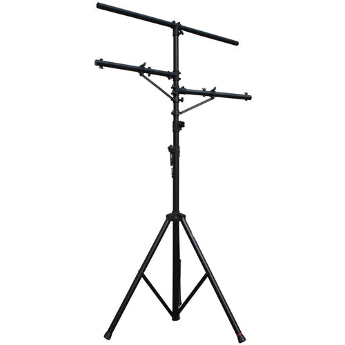 GATOR GFW-LIGHT-LS1 Lightweight Aluminum Lighting Stand • 10 ft. 6" Max Height • Can accommodate up to 8 lighting fixtures • 4 ft. Top T-Bar arms • Heavy-Duty cross brace trussing • Removable red safety trim on feet