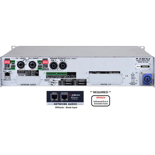 ASHLY nXe4002bd - Ashly NXE4002BD NXE Series 2-Channel Networkable Multi-Mode Power Amplifier with OPDAC4 & OPDante Cards