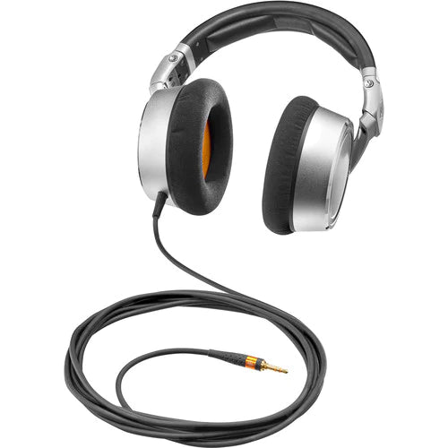 Neumann NDH 20 Closed-back studio headphone, silver with black and orange trim. Includes (1) NDH 20, (1) straight cable, (1) coiled cable, (1) 6.3mm (1/4") adapter, and (1) cloth pouch