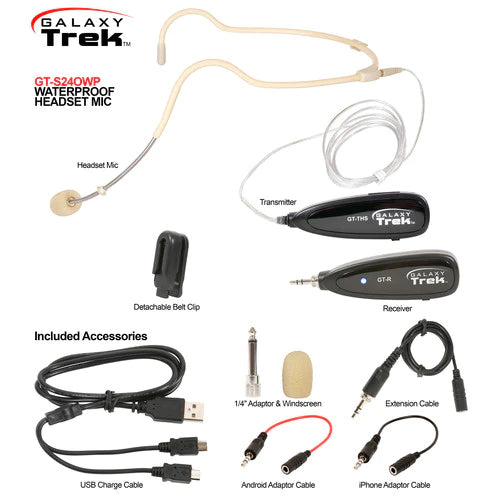 Galaxy Audio GT-S24OWPX TREK WATERPROOF HEADSET WIRELESS SYSTEM: 2.4GHz Mini wireless water proof headset system - Galaxy Audio GT-S24OWPX Wireless Portable System w/ Waterproof Headset Microphone