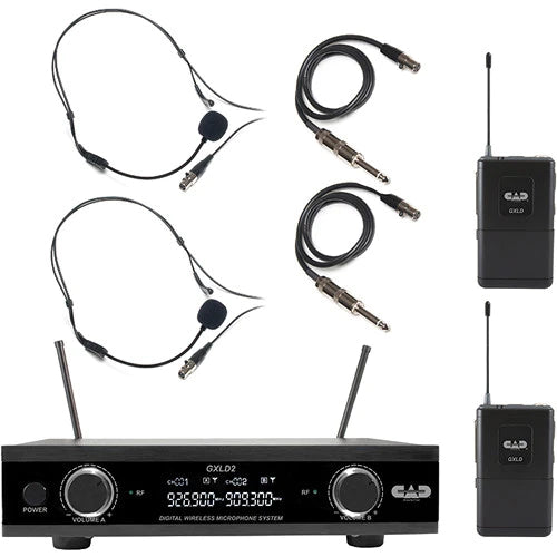CAD AUDIO GXLD2BBAI Digi W-less Dual BP Mic System AI Frequency - CAD GXLD2BBAI Dual-Channel Digital Wireless Microphone System with Headsets and Guitar Cables (AI: 909 to 927 MHz)
