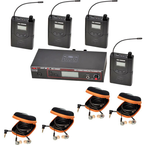 Galaxy Audio AS-1210-4* 210 selectable channels, includes 1 AS-1200T, 4 AS-1200R, 4 EB10 ear buds, rack ears - Galaxy Audio AS-1210-4 Twin Pack Wireless In-Ear Monitor System with 4 Receivers & EB10 Earbuds (D: 584 to 607)