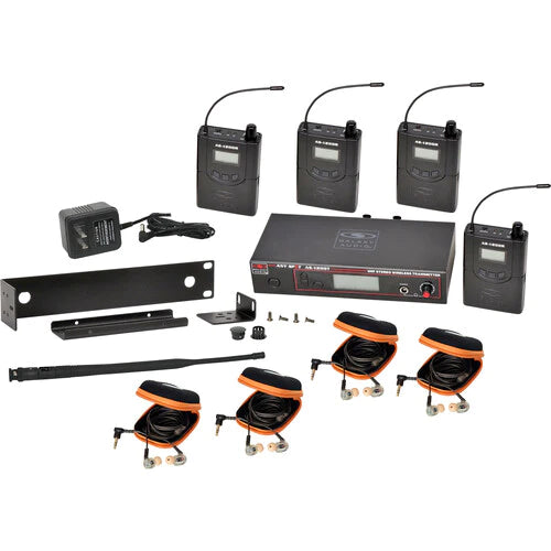 Galaxy Audio AS-1210-4* 210 selectable channels, includes 1 AS-1200T, 4 AS-1200R, 4 EB10 ear buds, rack ears - Galaxy Audio AS-1210-4 Twin Pack Wireless In-Ear Monitor System with 4 Receivers & EB10 Earbuds (D: 584 to 607)