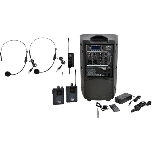 Galaxy Audio TQ8X-GTU-SSP5AB QUEST 8 W/2 WIRELESS HEADSETS: 8" woofer, 1" comp driver, built in handle, 150 watts, 2 mic/line inputs, bluetooth, aux input, media