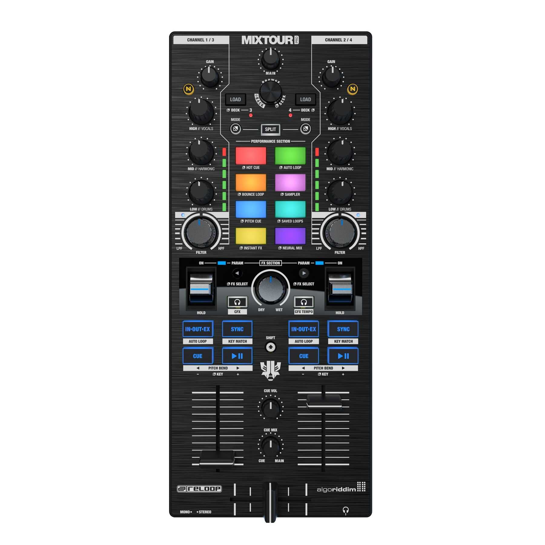 RELOOP MIXTOUR PRO - High-quality, ultra-portable, all-in-one four-deck DJ controller with audio interface