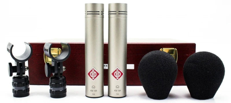 Neumann KM184 STEREOSET Stereo set includes two each: KM 184, SG 21 BK, WNS 100 in one woodbox - Neumann KM184 STEREO SET Matched Microphone Pair (Nickel)