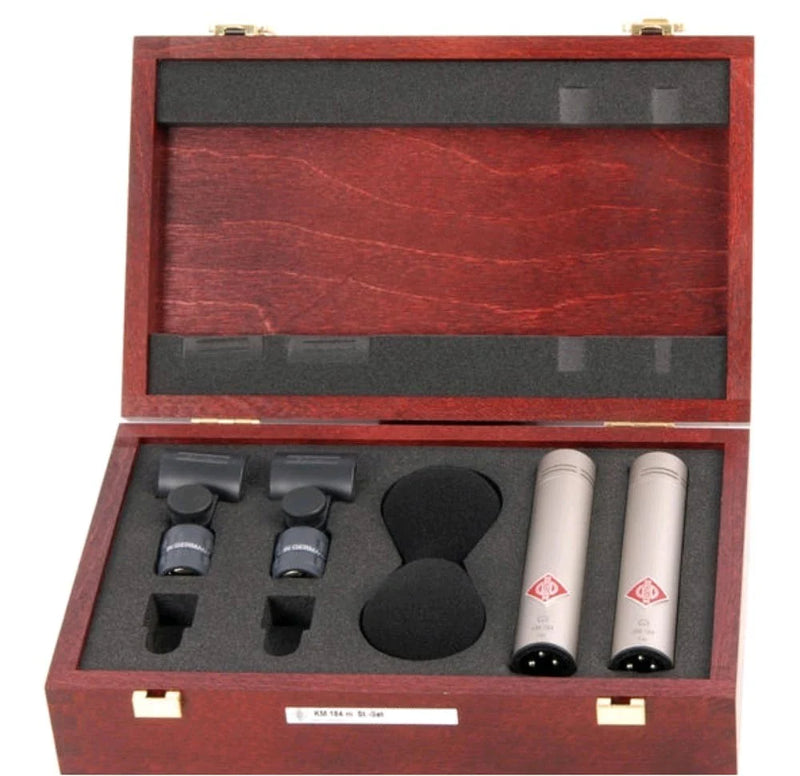 Neumann KM184 STEREOSET Stereo set includes two each: KM 184, SG 21 BK, WNS 100 in one woodbox - Neumann KM184 STEREO SET Matched Microphone Pair (Nickel)