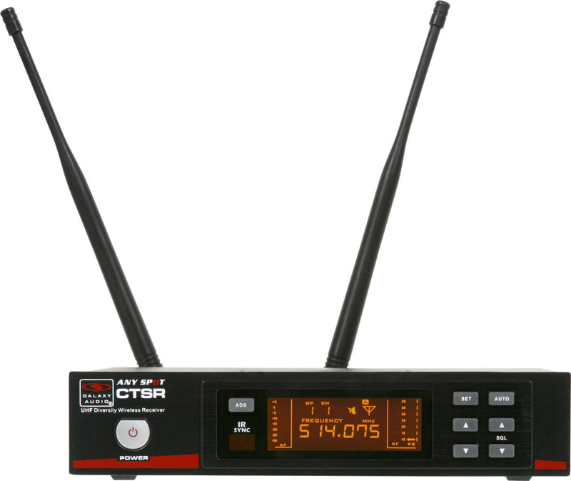 Galaxy Audio CTSR CTS RECEIVER: 920 channel, UHF, True Diversity, Auto Scan, Infrared sync, volume, RF & AF indicators, squelch adjustment, XLR output, antenna (2), metal casing, rack kit