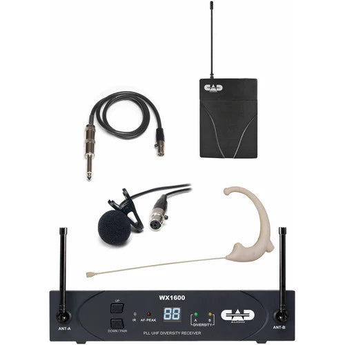 CAD AUDIO E19 Omni Mini Mic-Terminated Earworn - CAD WX1610G Wireless Bodypack System with Lavalier, Earworn Mic, and Guitar Cable (G: 542 to 564 MHz)