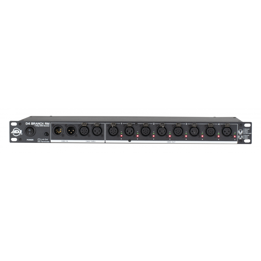 D4-BRANCH-RM - 4-way DMX distributor/booster with 3-pin and 5-pin XLR input and output