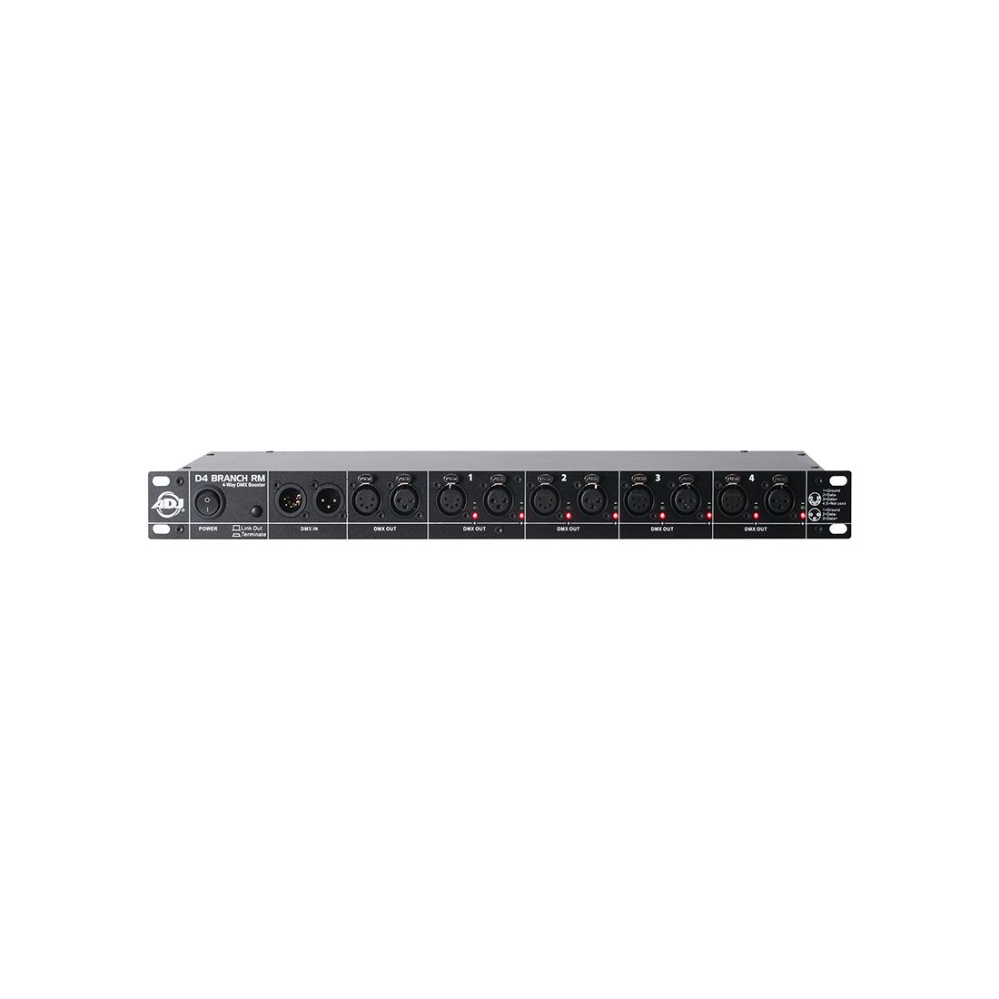 D4-BRANCH-RM - 4-way DMX distributor/booster with 3-pin and 5-pin XLR input and output