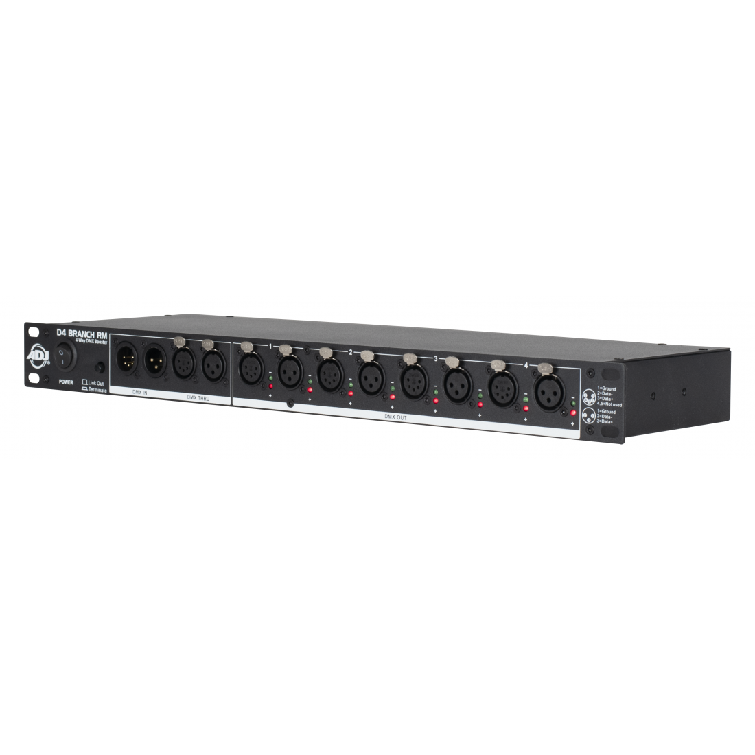 D4-BRANCH-RM - 4-way DMX distributor/booster with 3-pin and 5-pin XLR input and output