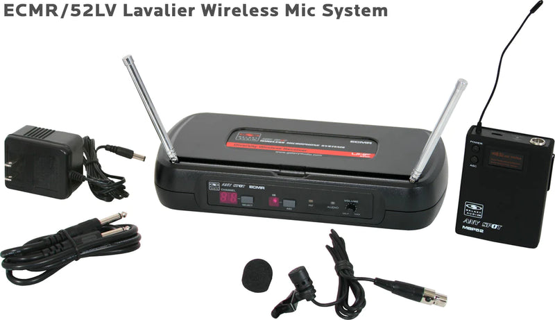 Galaxy Audio ECMR/52LV* ECM/52LV LAV SYSTEM:  16 channels; includes 1 ECMR Receiver, 1 MBP52 transmitter, lav mic (AS-LV-U3BK)