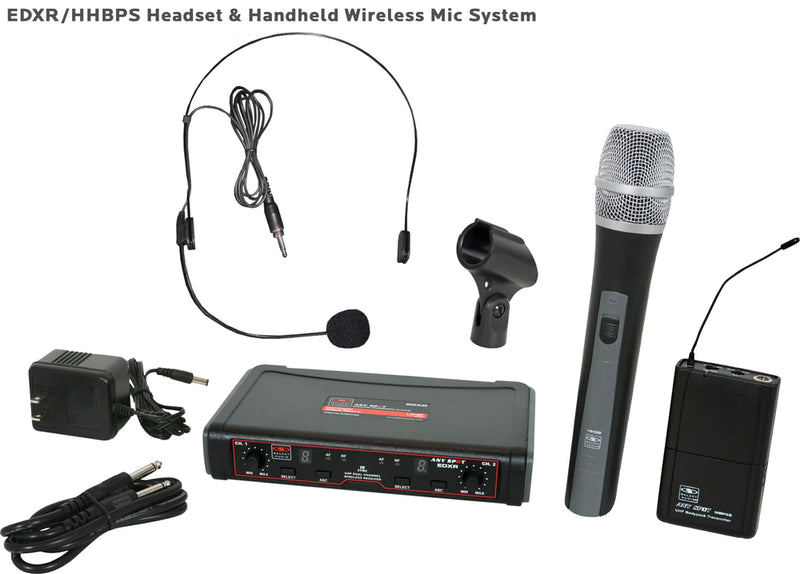 Galaxy Audio EDXR/HHBP EDX Wireless Microphone System: Includes 1 EDXR dual receiver 1 MBP38 beltpack, 1 HS13-UBK headset microphone or 1 LV-13BK lav microphone, and 1 HH38 handeld transmitters