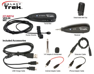 Galaxy Audio GT-INST-6 TREK SYSTEM WITH VIOLIN MIC: 2.4GHz Mini wireless violin microphone system, includes violin mic w/transmitter, receiver, 1/8" connection cable, carry pouch