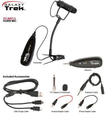 Galaxy Audio GT-INST-3 TREK SYSTEM WITH HORN MIC : 2.4GHz Mini wireless horn microphone system, includes horn mic w/transmitter, receiver, 1/8" connection cable, carry pouch