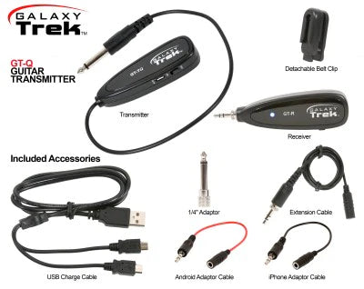 Galaxy Audio GT-QX TREK GUITAR WIRELESS SYSTEM: 2.4GHz Mini wireless guitar system, transmitter, receiver, 1/8" connection cable, carry pouch