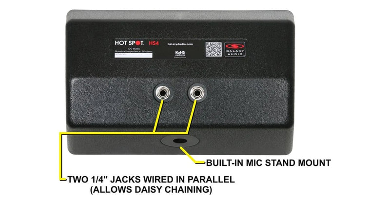 Galaxy Audio HS-4 HOT SPOT PERSONAL MONITOR: 2-1/4" inputs wired in parallel, high impact ABS plastic, two 5" ceramic Ferro Fluid cooled driver, Mic Stand mountable, 150Hz-18kHz, 100 watts cont. power