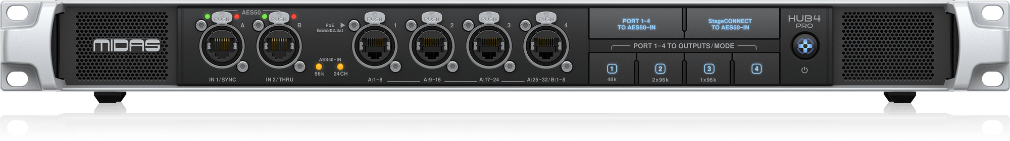 MIDAS HUB 4 PRO - 96k Monitor System Hub with 4 PoE Ports for Personal Mixers or Compatible Stage Boxes, AES50 In and Through with SRC, StageConnect and 16-Channel Analogue Out