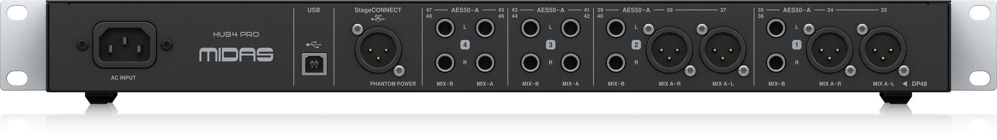 MIDAS HUB 4 PRO - 96k Monitor System Hub with 4 PoE Ports for Personal Mixers or Compatible Stage Boxes, AES50 In and Through with SRC, StageConnect and 16-Channel Analogue Out