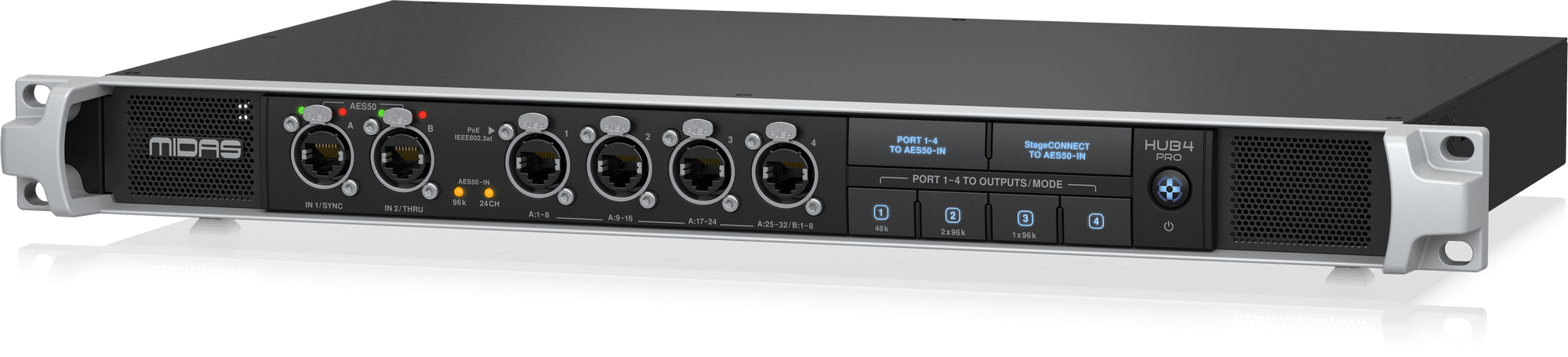 MIDAS HUB 4 PRO - 96k Monitor System Hub with 4 PoE Ports for Personal Mixers or Compatible Stage Boxes, AES50 In and Through with SRC, StageConnect and 16-Channel Analogue Out