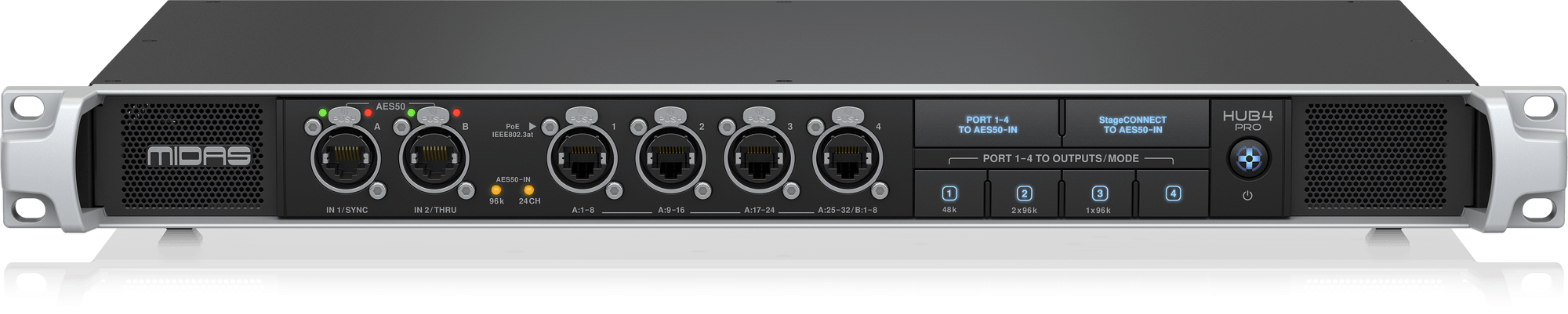 MIDAS HUB 4 PRO - 96k Monitor System Hub with 4 PoE Ports for Personal Mixers or Compatible Stage Boxes, AES50 In and Through with SRC, StageConnect and 16-Channel Analogue Out