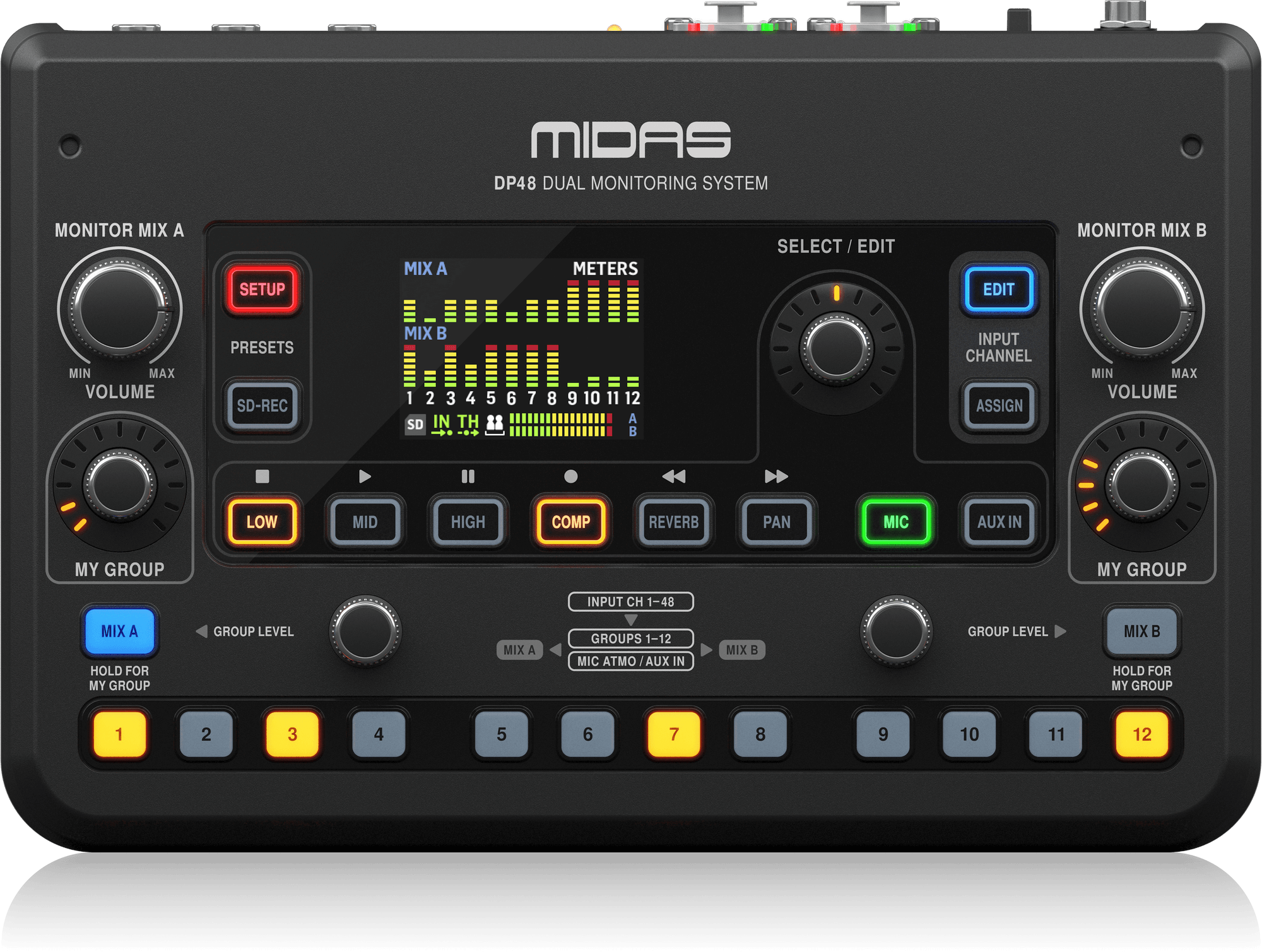 MIDAS DP-48 - Dual 48-Channel Personal Monitor Mixer with SD Card Recorder, Stereo Ambience Microphone and Remote Powering