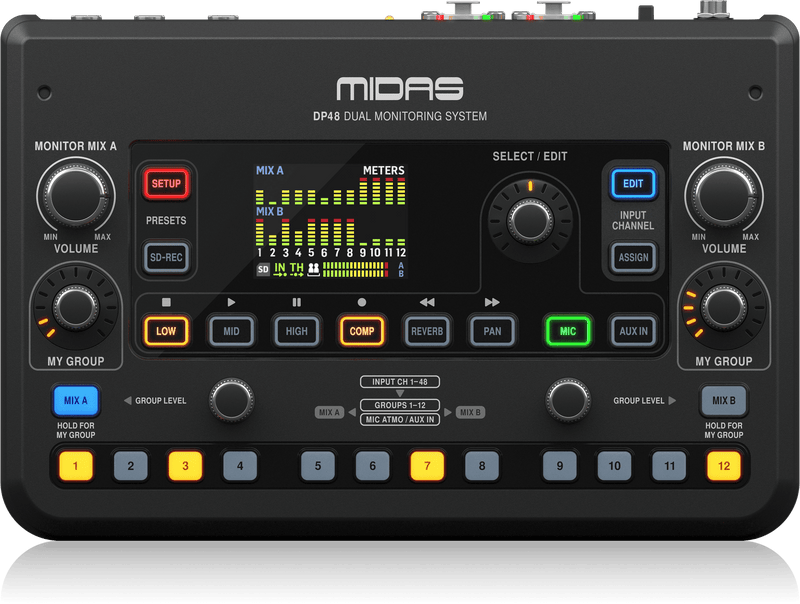 MIDAS DP-48 - Dual 48-Channel Personal Monitor Mixer with SD Card Recorder, Stereo Ambience Microphone and Remote Powering