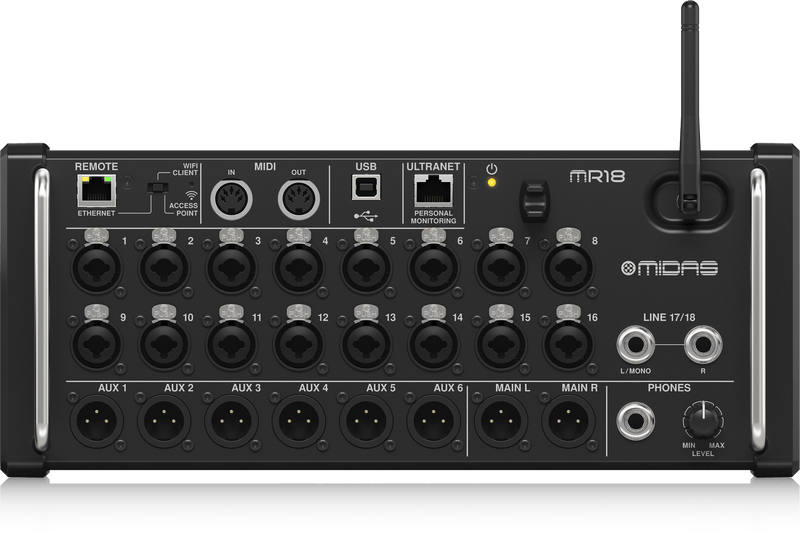 MIDAS MR18 - 18-Input Digital Mixer for iPad/Android Tablets with 16 Midas PRO Preamps, Integrated WiFi Module and Multi-Channel USB Audio Interface