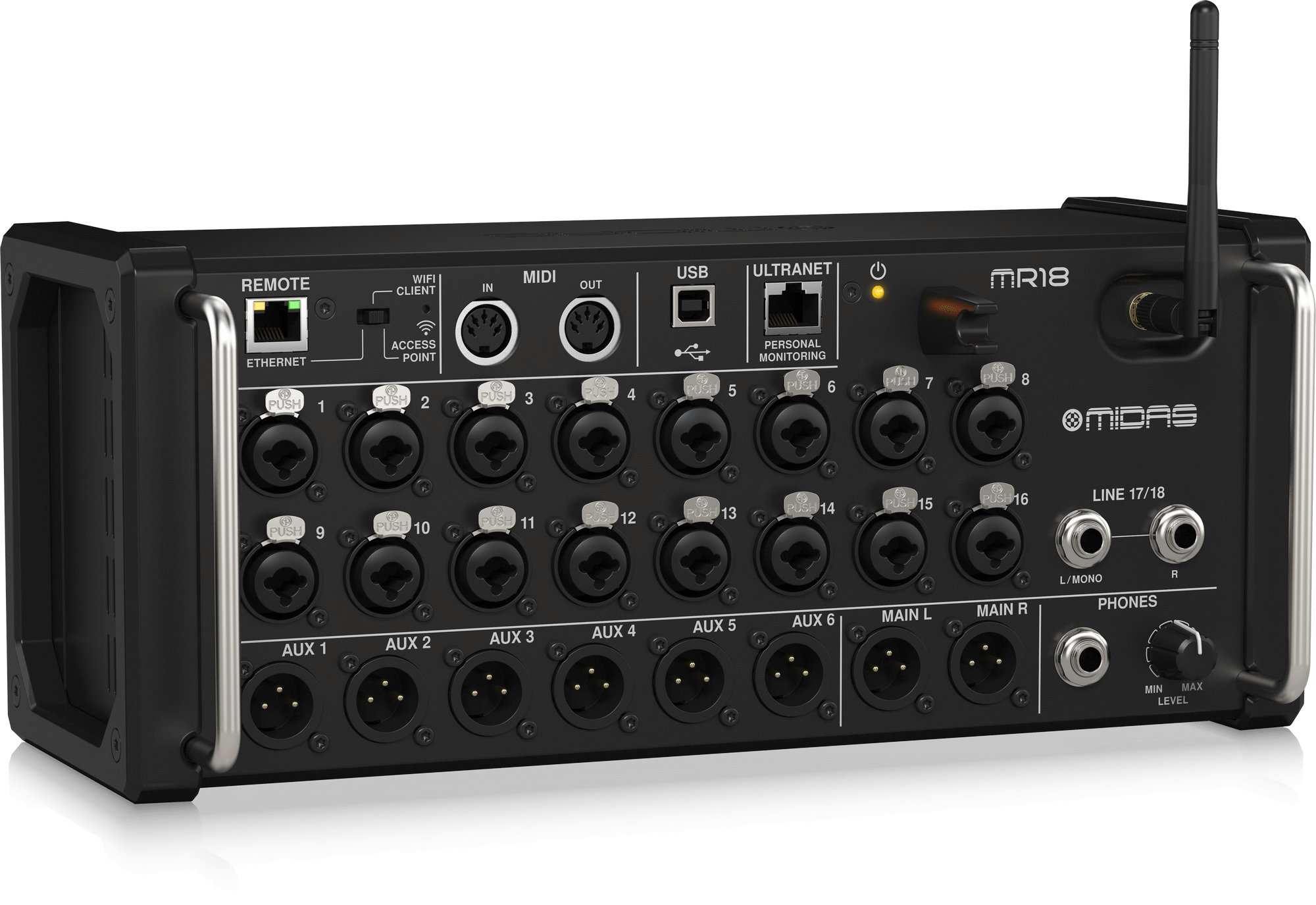 MIDAS MR18 - 18-Input Digital Mixer for iPad/Android Tablets with 16 Midas PRO Preamps, Integrated WiFi Module and Multi-Channel USB Audio Interface