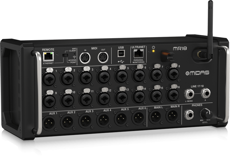 MIDAS MR18 - 18-Input Digital Mixer for iPad/Android Tablets with 16 Midas PRO Preamps, Integrated WiFi Module and Multi-Channel USB Audio Interface