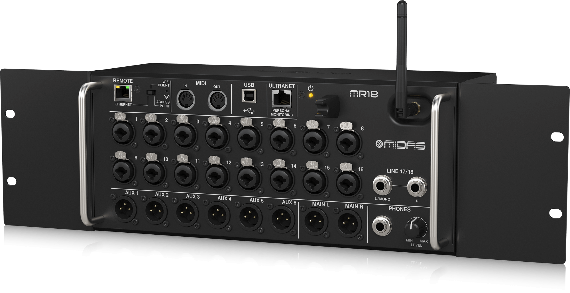 MIDAS MR18 - 18-Input Digital Mixer for iPad/Android Tablets with 16 Midas PRO Preamps, Integrated WiFi Module and Multi-Channel USB Audio Interface