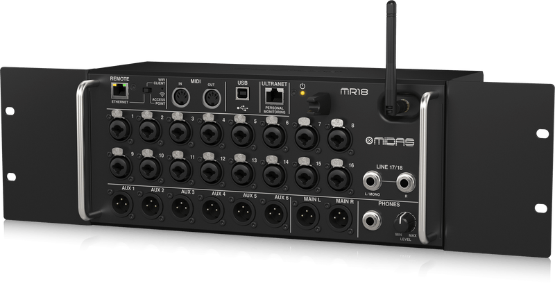 MIDAS MR18 - 18-Input Digital Mixer for iPad/Android Tablets with 16 Midas PRO Preamps, Integrated WiFi Module and Multi-Channel USB Audio Interface