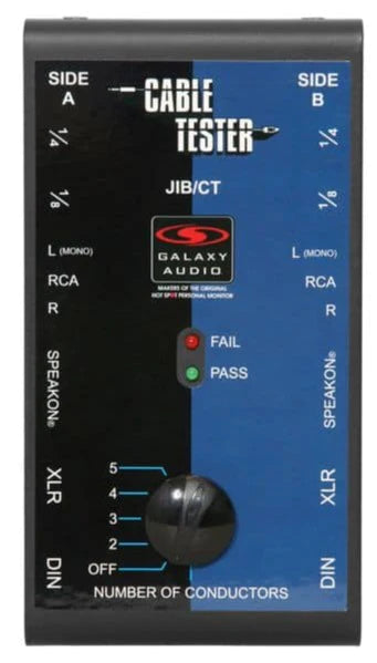 Galaxy Audio JIB / CT CABLE TESTER:  the cable tester will test 6 types of cables XLR, 1/4", 1/8", Speakon, & stereo RCA.  The cable tester is simple to use, with a pass/fail indicator.