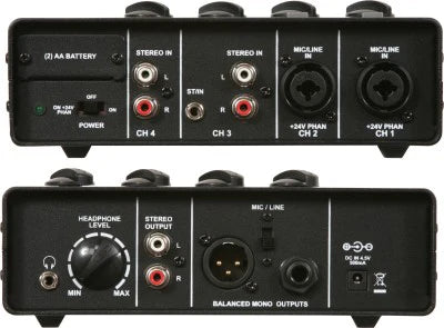 Galaxy Audio JIB / MM MULTI MIXER:  7 input/4 ch, 2AA batt or AC adaptor. XLR, 1/4", 1/8", & RCA inputs. XLR, 1/4", RCA, & headphone output w/volume control. 2.2lbs