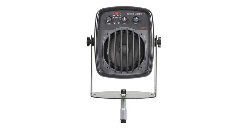 Galaxy Audio MSPA5 Powered Microspot: Powered MSPA5: Compact PA system: 1-4.5" full range speaker, 100 watts; freq resp: 150 Hz-17kHz, EQ: two band, (1) XLR input, (1) 1/4"  input, (1) 1/8" stereo summing input, stand/wall mount bracket included