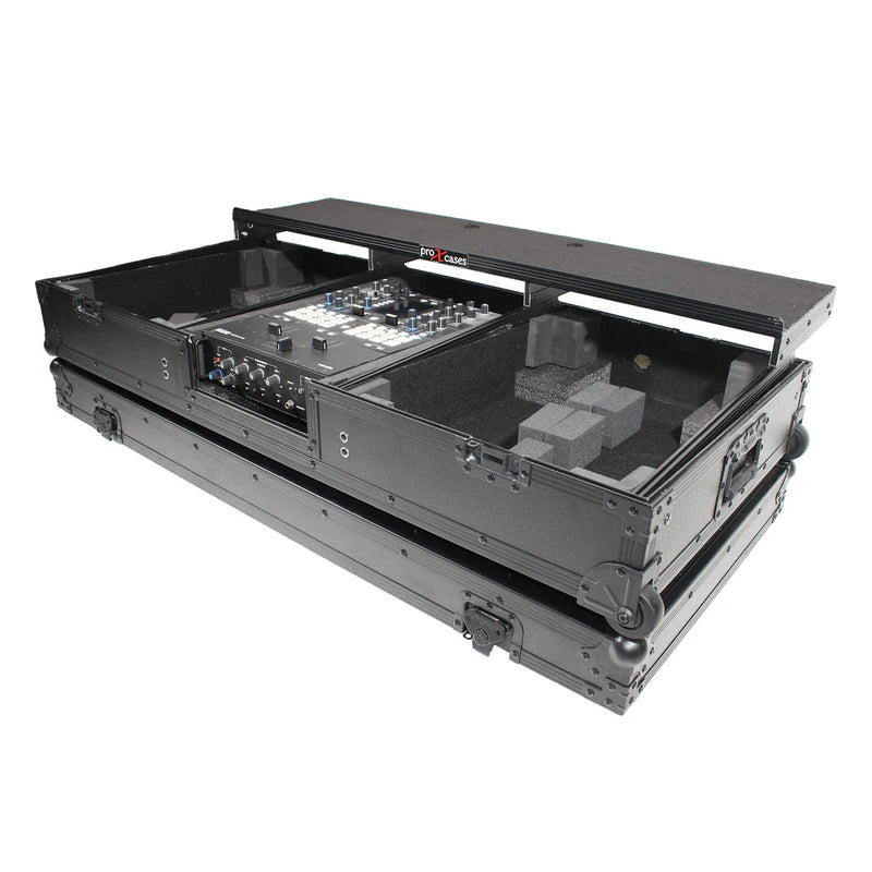 PRO-X- XS-TMC1012WLTFBTLBL - ProX XS-TMC1012WLTFBTLBL Flight Coffin Case For 12" Rane 72 Mixer and 2 Turntables in Battle Mode w/Laptop Shelf and Wheels (Black on Black)