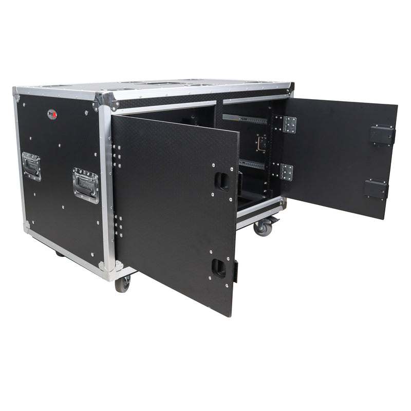 PRO-X- T-2X12USLAM24 - 2X12U 24" Deep Vertical Rack Shock Mount Case with 2 Sliding Slam Doors & 6x 4" Caster Wheels