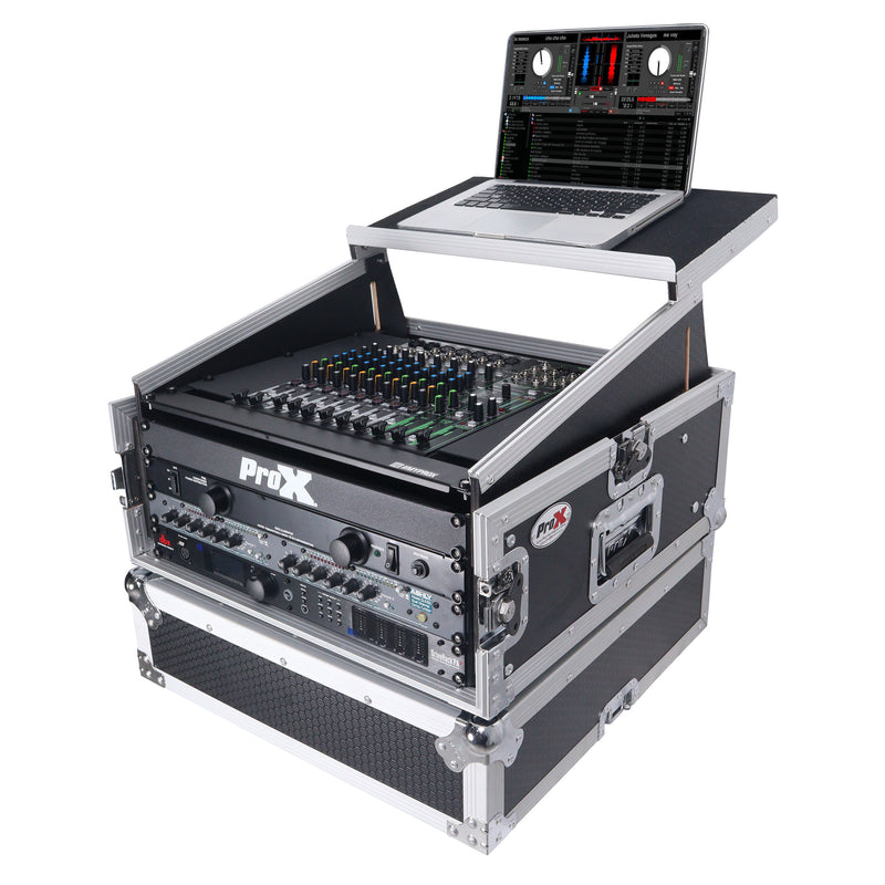 PRO-X- T-4MRLT MK2 - ProX T-4MRLT DJ Combo Flight Case w/ Laptop Shelf - 4U Vertical Rack Mount Flight Case with 10U Top for Mixer Combo Amp Rack with Laptop Shelf and Caster Wheels