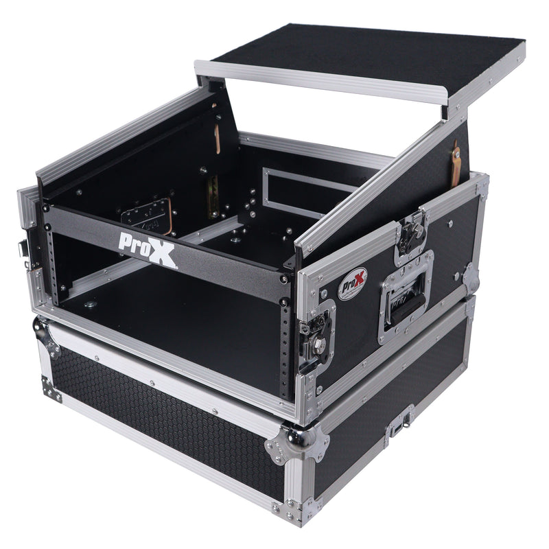 PRO-X- T-4MRLT MK2 - ProX T-4MRLT DJ Combo Flight Case w/ Laptop Shelf - 4U Vertical Rack Mount Flight Case with 10U Top for Mixer Combo Amp Rack with Laptop Shelf and Caster Wheels