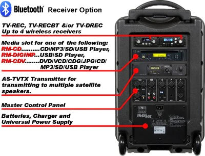 Galaxy Audio TV-10 TRAVELER 10: 150 watts max, 10" woofer, 1" horn, XLR/14" input, 1/4" input, built in bluetooth, RCA line in each with their own w/volume control. EQ, voice priority, internal battery, retractable handle, high quality wheels