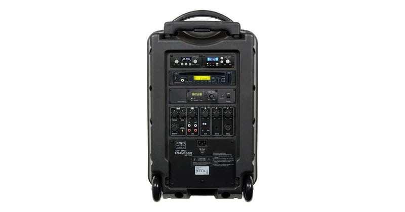 Galaxy Audio TV-10 TRAVELER 10: 150 watts max, 10" woofer, 1" horn, XLR/14" input, 1/4" input, built in bluetooth, RCA line in each with their own w/volume control. EQ, voice priority, internal battery, retractable handle, high quality wheels