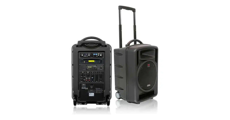 Galaxy Audio TV-10 TRAVELER 10: 150 watts max, 10" woofer, 1" horn, XLR/14" input, 1/4" input, built in bluetooth, RCA line in each with their own w/volume control. EQ, voice priority, internal battery, retractable handle, high quality wheels