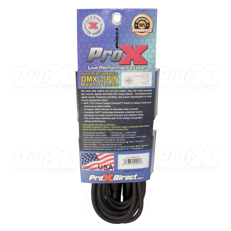 PRO-X- XC-DMX15 - ProX XC-DMX15 15 Ft. DMX XLR3-M to XLR3-F High Performance Cable