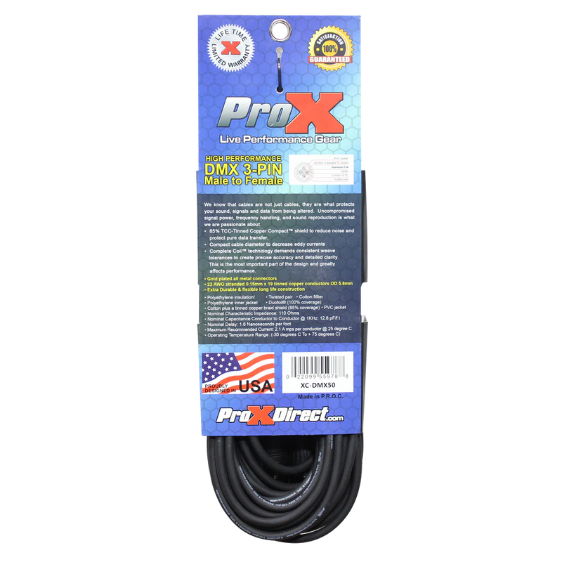 PRO-X- XC-DMX50 - ProX XC-DMX03 50 Ft. DMX XLR3-M to XLR3-F High Performance Cable