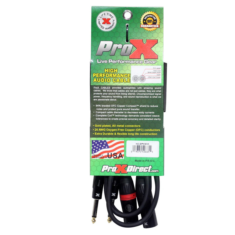 PRO-X- XC-DPXM05 - ProX XC-DPXM05 5 Ft. Unbalanced Dual 1/4" TS-M to Dual XLR3-M High Performance Audio Cable