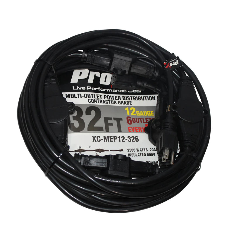 PROX-XC-MEP12-326 MK2 - ProX XC-MEP12-326 120VAC NEMA 15 Male to 6 Socket Female Power-Extension Cord 12-3 AWG (Black) - 32 Ft.