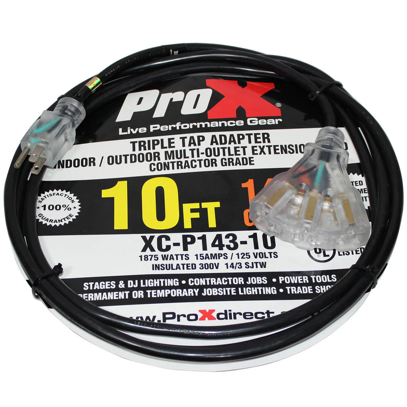 PROX-XC-P143-10 - ProX XC-P143-10 120VAC NEMA 15 Male to 3 Socket Female Power-Extension Cord 14 AWG - 10ft