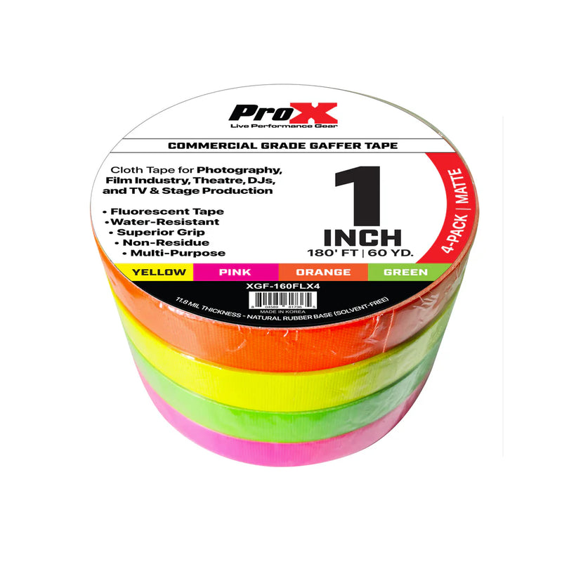 PRO-X- XGF-160FLX4 - ProX XGF-160FLX4 1in Multi-Color Fluorescent Commercial Grade Gaffer Tape Pros Choice Non-Residue 180ft 4-Pack (Neon)